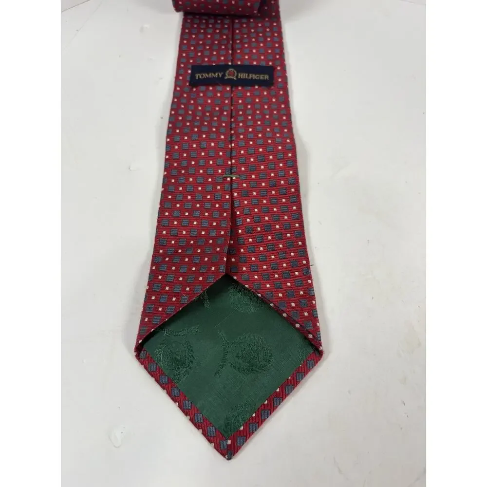Vintage Tommy Hilfiger Mens 100% Silk Tie Red Blue Geometric Made USA Necktie